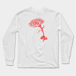 Vintage Carnation Botanical Line Art Illustration Red Ink Long Sleeve T-Shirt